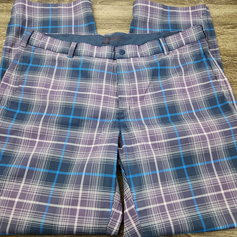 Nike Golf Tour Performance Dri-Fit Pants Men's 38x32 Blue Purple Plaid Polyester
